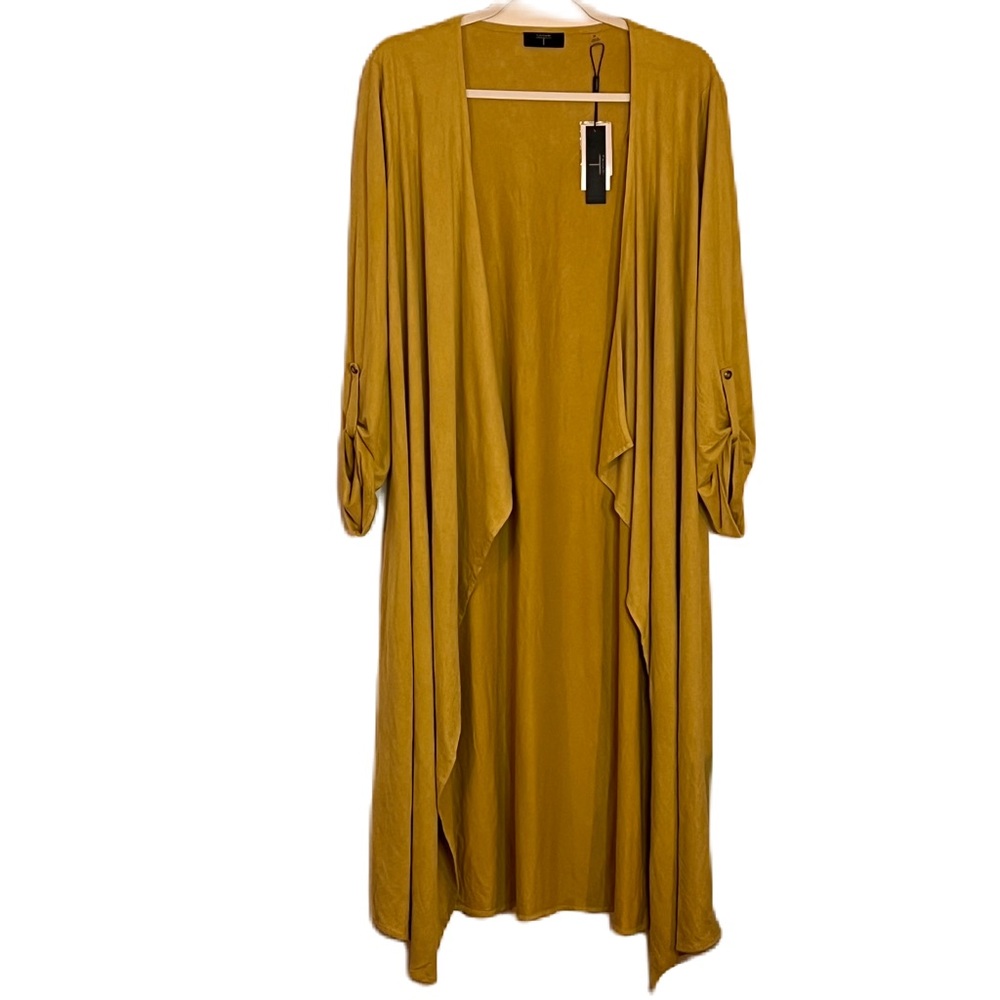 Talbots Faux Suede Long Waterfall Front Duster Cardigan Citron Yellow Sz M‎